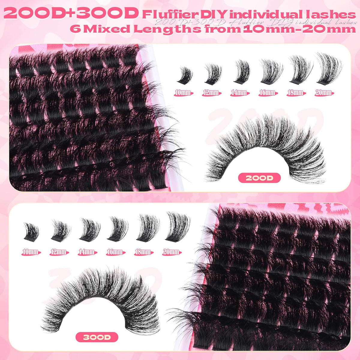 200D+300D Lash Clusters Volume Thick Individual Lashes Fluffy Cluster Eyelash Extensions 10-20MM D Curly Eyelashes Clusters Dramatic Lash Extension Faux Mink Mega Eyelash Clusters by Pleell
