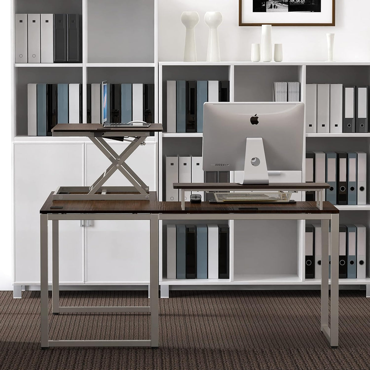 SHW 36-Inch Over Desk Height Adjustable Standing Desk with Monitor Riser, Espresso