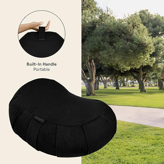 Retrospec Sedona Zafu Meditation Cushion Filled w/Buckwheat Hulls - Yoga Pillow for Meditation Practices - Machine Washable 100% Cotton Cover & Durable Carry Handle, Crescent, Black