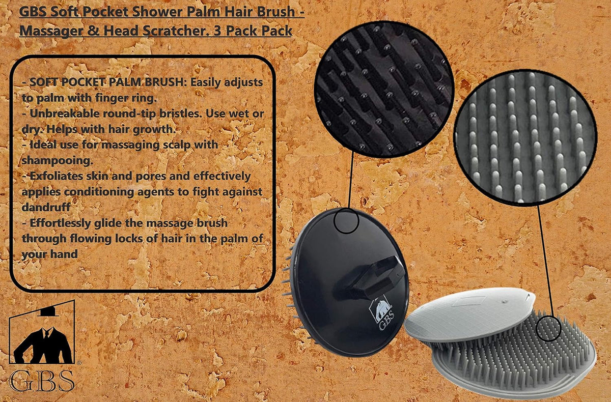 G.B.S Head Shampoo Scalp Massager Brush and Soft Palm Pocket Comb for All Hair Types, Pack of 3 (1 Black and 2 Gray) Made in U.S.A