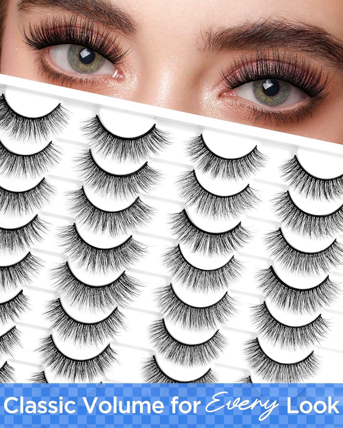 BEYELIAN False Eyelashes Natural Look 20 Pairs Strip Lashes, Wispy Lash Pack Soft 3D Volume Faux Mink Lashes