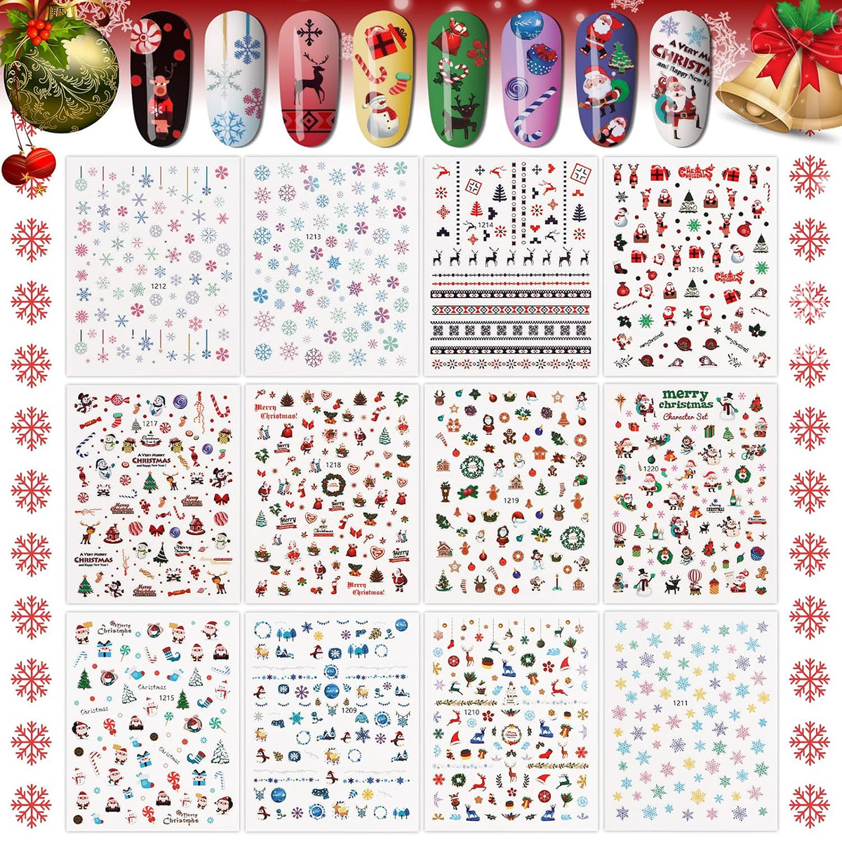 1000+ Patterns Christmas Nail Art Stickers Snowflake 3D Self-Adhesive Nail Decals, Kalolary Snowflake Santa Claus Snowman Christmas Stick Elk for Christams Nail Decorations for Women Kids