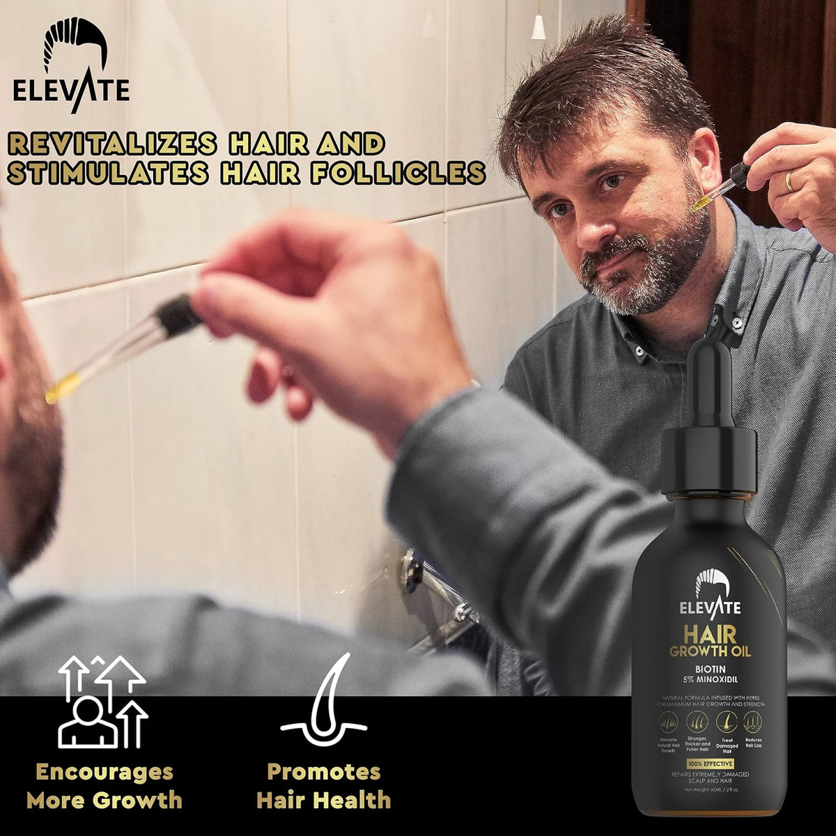 ELEVATE Hair Growth Oil - Biotin Serum & 5% Minoxidil Treatment for Stronger Thicker Longer Hair – Natural Hair Growth Thickening Treatment - Stop Thinning & Hair Loss for Men & Women 1oz