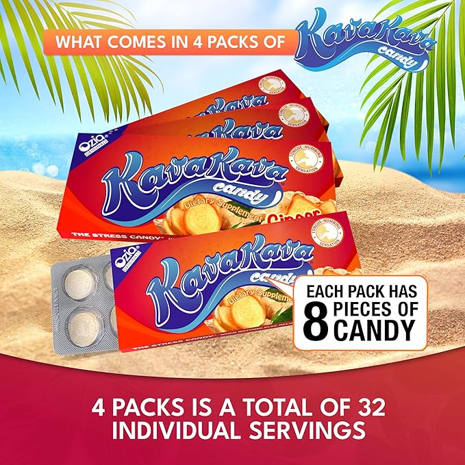 Ozia Originals Kava Kava Candy - 8 Kava Candies Per Pack, Kava Extract Stress Relief Supplement, Natural Kava Root Chill Happy Pill, Encourages Positive Mood - Ginger Mint Flavor, 4 Packs