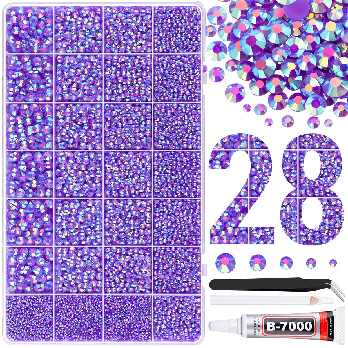 30000Pcs Resin Rhinestones for Bedazzling with Tweezers, Dark Purple AB Rhinestones for Crafting with B7000 Jewelry Glue for DIY Crafts Clothing Tumblers Shoes Fabric Nail Art