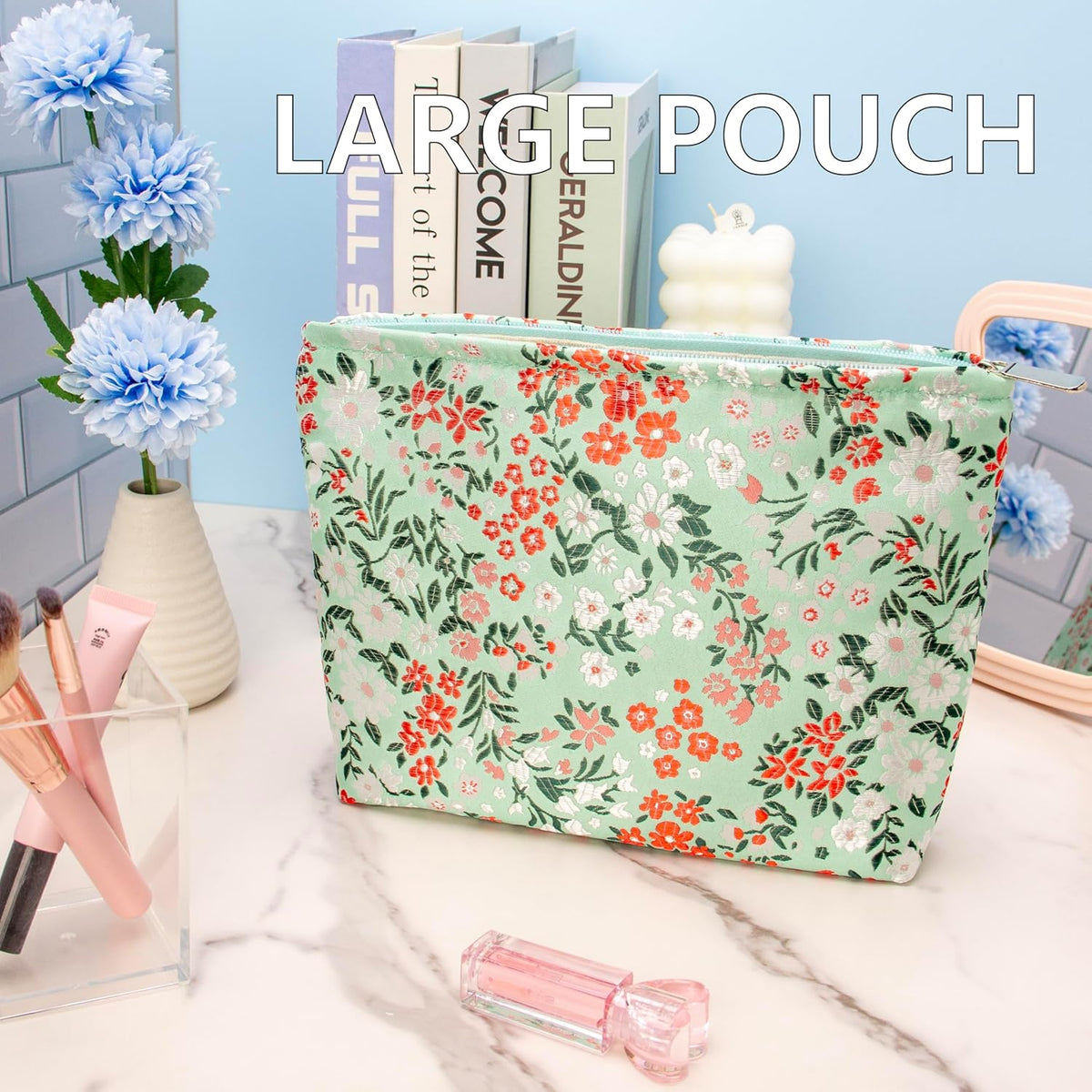 PAZIMIIK Makeup Bag Large Cotton Zipper Pouch for Purse Travel Canvas Make Up Organizer for Women Cosmetic,Brocade Green