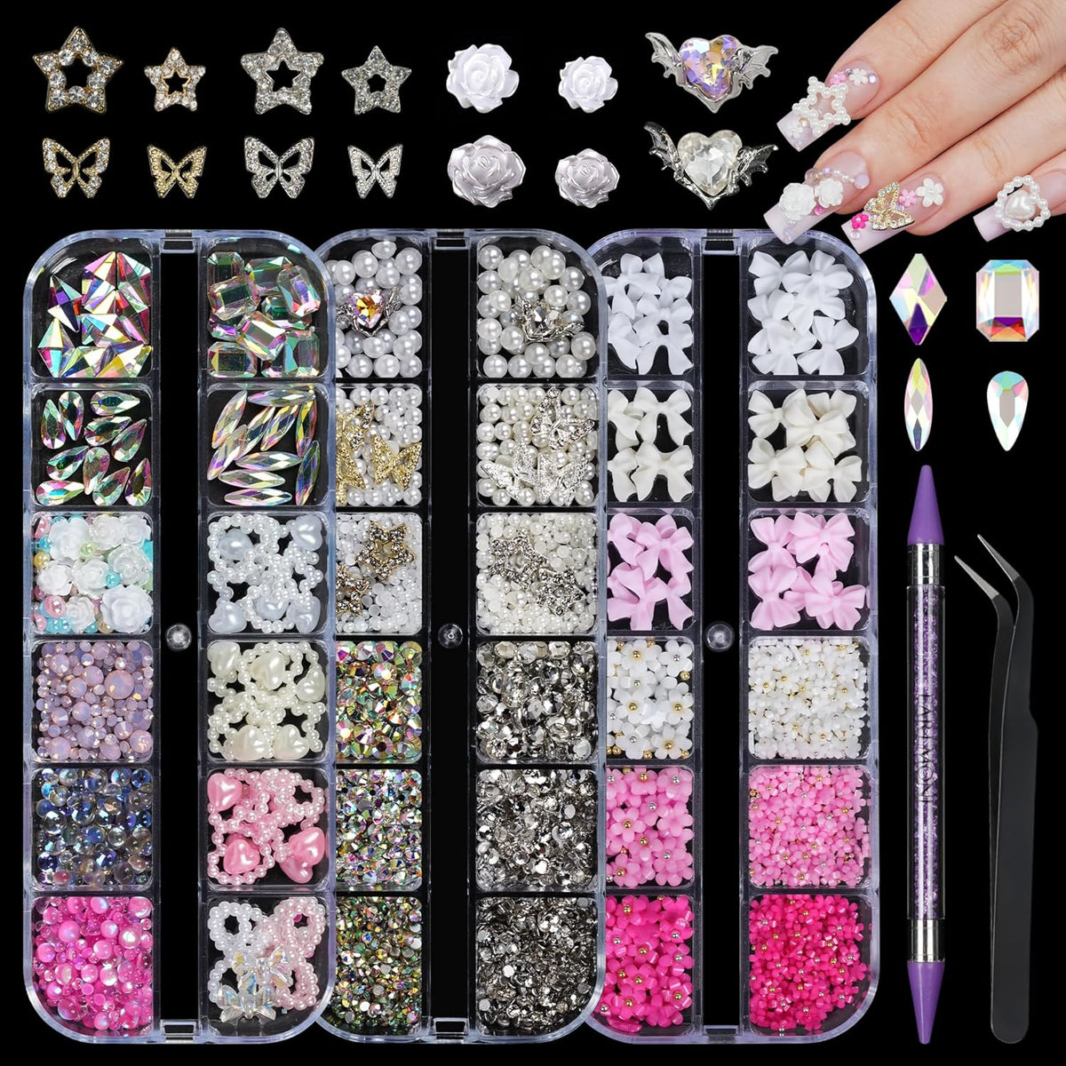 Rhinestones, AB Crystal Nail Gems Pink Opal Nail Rhinestones with Aurora Bubble Beads Pearls Star Heart Bows Nail Charms and Rhinestone Picker Tools for Kwaii Y2K Nail Art Decor - 3 Boxes