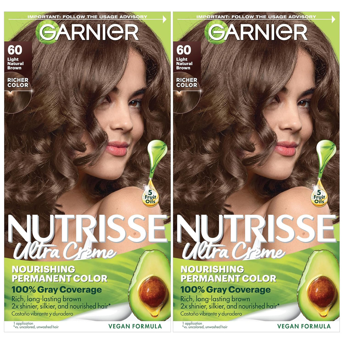 Garnier Hair Color Nutrisse Nourishing Creme, 60 Light Natural Brown (Acorn) Permanent Hair Dye, 2 Count (Packaging May Vary)