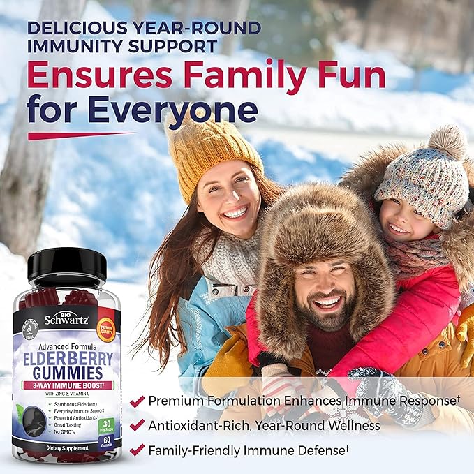 Elderberry Gummies with Zinc and Vitamin C for Adults & Kids - Natural Immune Support - Black Sambucus Elderberries - Powerful Multiminerals Supplement - Gluten-Free, Non-GMO, Vegan Friendly, 60ct