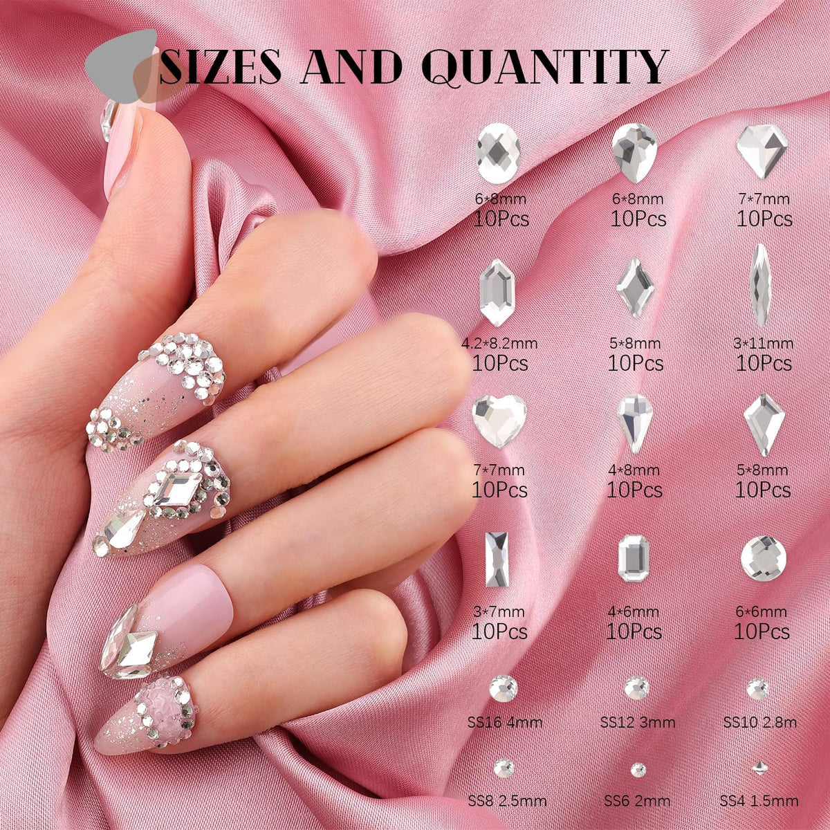 Silver Clear Nail Rhinestones 2680Pcs - Multi Shapes Glass Flatback Gems + 2560Pcs 1.5-4mm Round Crystal with Rhinestones Glue Gel, Manicure Nail Charms Diamond Gemstones