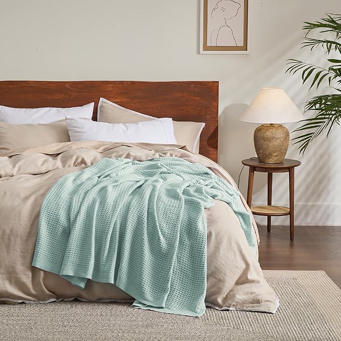 Bedsure 100% Cotton Blanket King Size for Bed - Breathable and Soft, Waffle Weave Blanket for Summer Spring, Mint, 104x90 inches