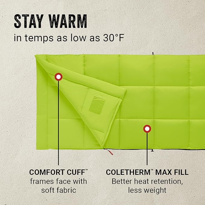 Coleman Kompact Cool-Weather Sleeping Bag, 20°F/30°F/40°F Adult Sleeping Bag with Heat Retention, Stuff Sack, & Snag-Free Zipper
