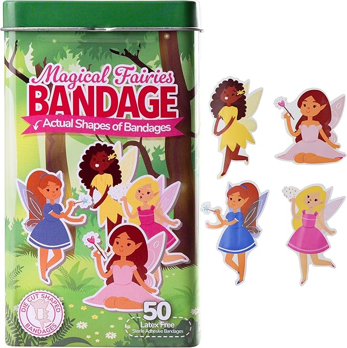 BioSwiss Bandages, Magical Fairies Shaped Self Adhesive Bandage, Latex Free Sterile Wound Care, Fun First Aid Kit Supplies for Kids and Adults, 50 Count