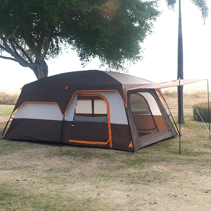 KTT Large Family Cabin Tent 10-12 Person,14.1X10X6.58ft,2 Rooms,3 Storage Pockets,2 Bay-Windows 3 Doors and 3 Windows with Mesh,Straight Wall,Waterproof,Double Layer,Big Tent for Outdoor,Camping