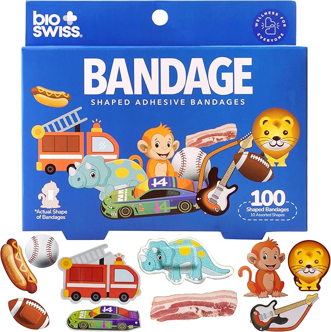 BioSwiss Bandages, Assorted Animal, Fun and Food Shaped Self Adhesive Bandage for Boys, Latex Free Sterile Wound Care, 100 Count
