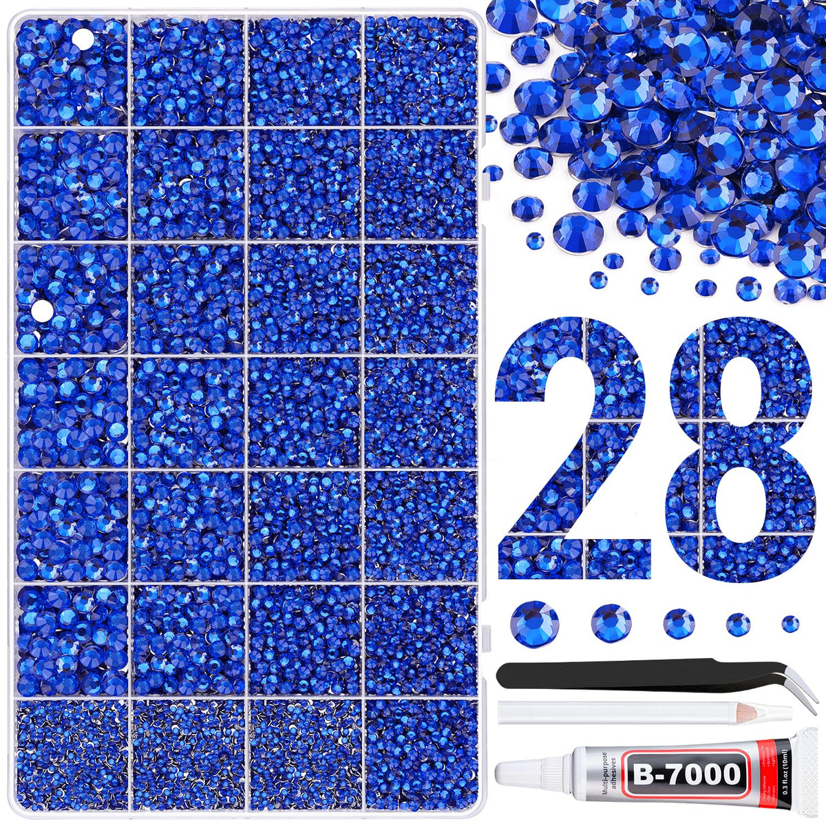 30000Pcs Resin Rhinestones for Bedazzling with Tweezers, Royal Blue Rhinestones for Crafting with B7000 Jewelry Glue for DIY Crafts Clothing Tumblers Shoes Fabric Nail Art
