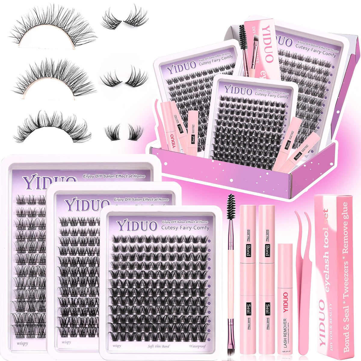 YlDUO Lashes Clusters Kit Gift Packs Natural False Eyelashes Extensions C/D Curl Wispy Individual Fake Eyelash, DIY Natural Extension Lash with Glue*2|Tweezers|Removers|Eyelash&Eyebrow Brush