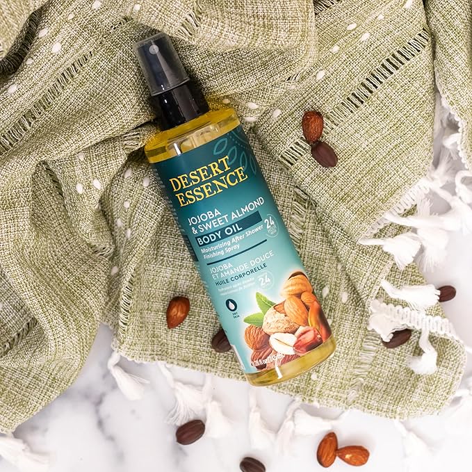 Desert Essence, Jojoba & Sweet Almond Body Oil Spray, 8.28 fl. oz. - Gluten-Free, Vegan, Cruelty Free - 24hour Moisture, Soothes Skin, Perfect for Sensitive Skin, Illuminating Body Spray