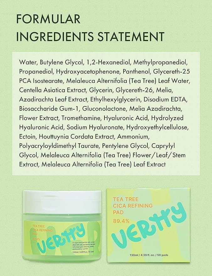 Vertty Tea Tree Cica Toner Pad | Exfoliating, Hydrating, Redness Relief Toner Pad for face | 100% Vegan Cotton Pad | Long-lasting Hydration | All Skin Types | Teens & Kids Skin Care (50 Count, 4.4oz)